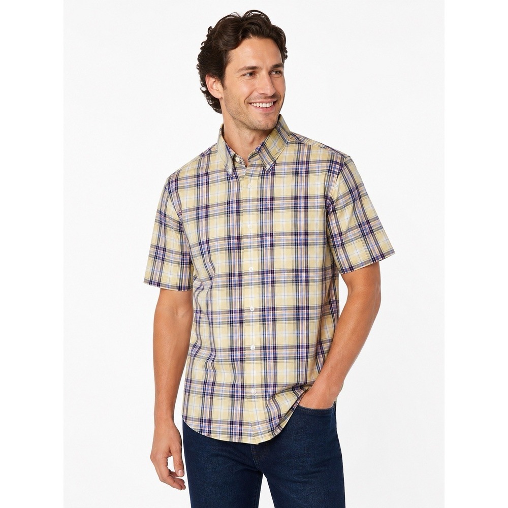 Nordstrom Yellow Plaid Shirt Mens XL Short Sleeve Wrinkle Free Cotton Button Up